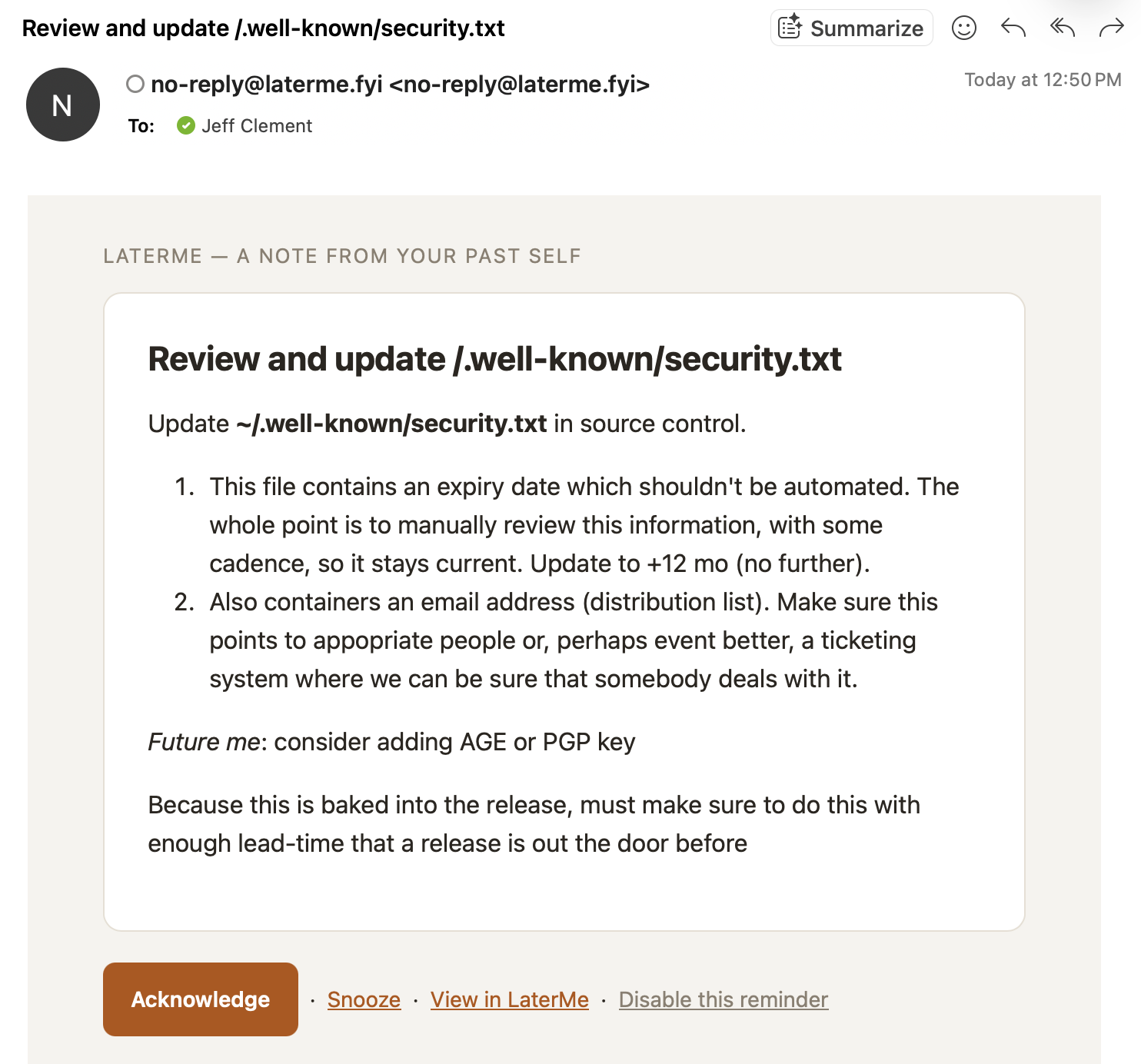 Screenshot of a LaterMe email